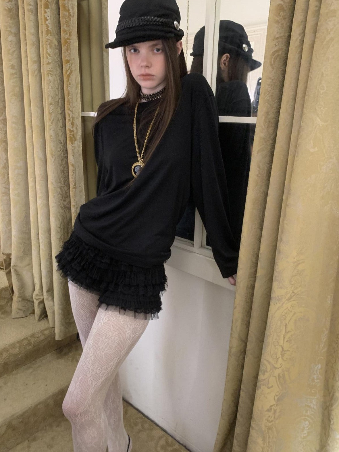 1JINN STUDIO Faux Layered Lace Splice Slim Drape Neck Two Way Women&