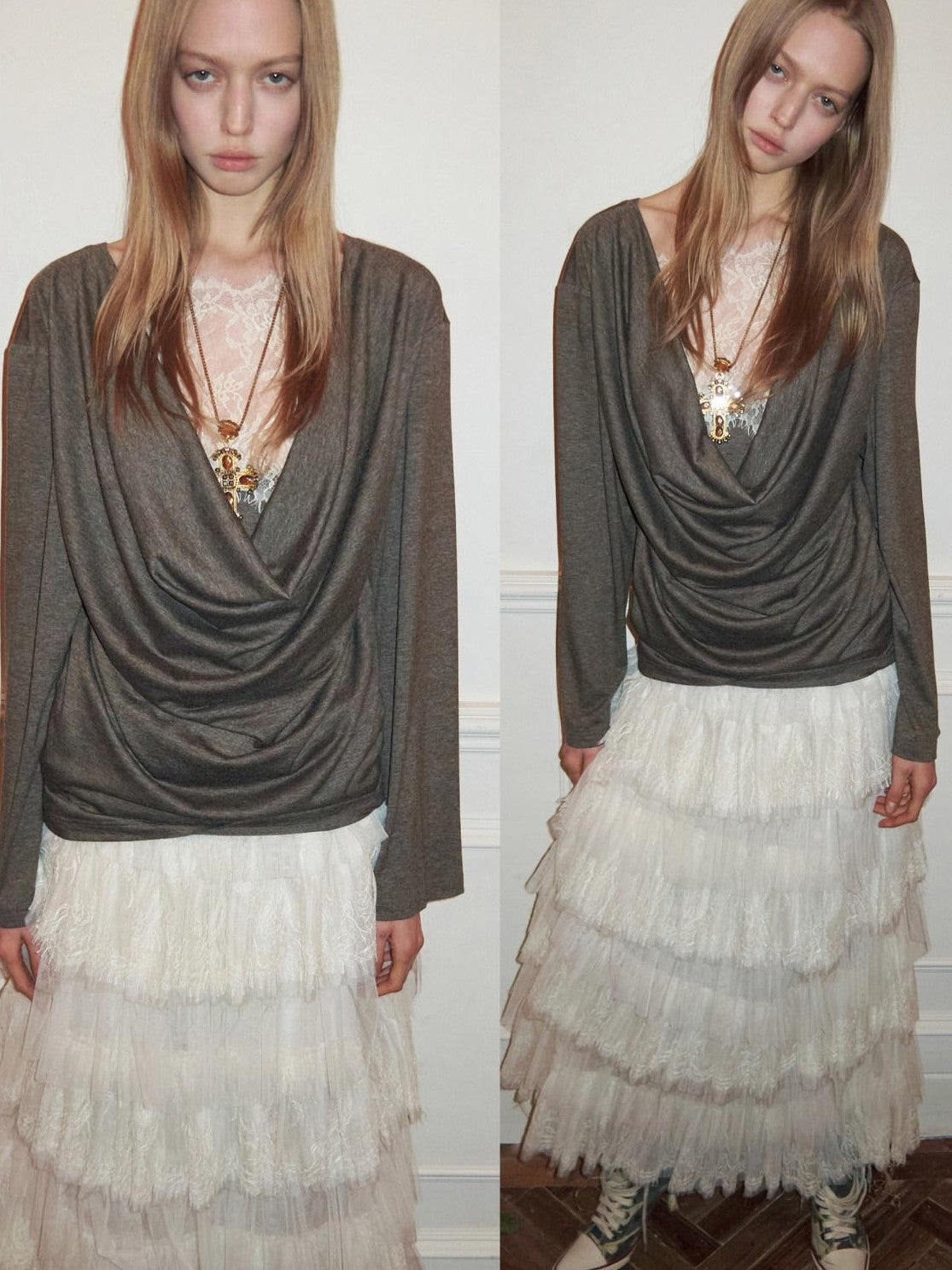 1JINN STUDIO Faux Layered Lace Splice Slim Drape Neck Two Way Women&