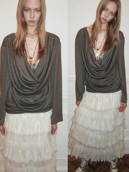 1JINN STUDIO Faux Layered Lace Splice Slim Drape Neck Two Way Women&