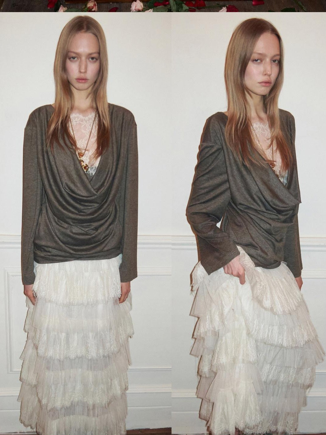 1JINN STUDIO Faux Layered Lace Splice Slim Drape Neck Two Way Women&