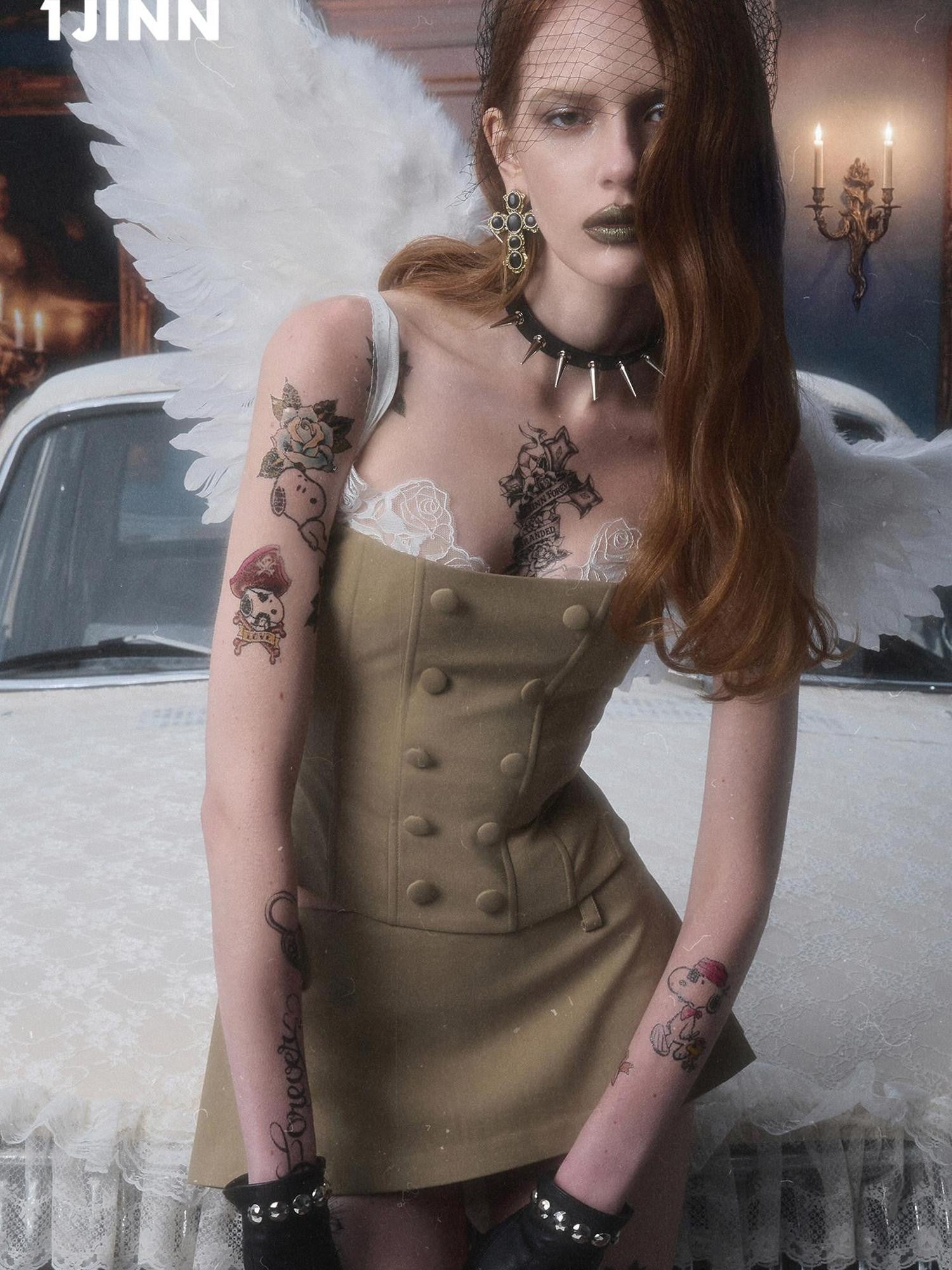 1JINN STUDIO Fishbone Corset Lace Spliced Double Row Button Women&