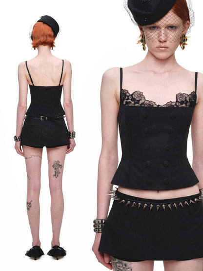 1JINN STUDIO Fishbone Corset Lace Spliced Double Row Button Women&
