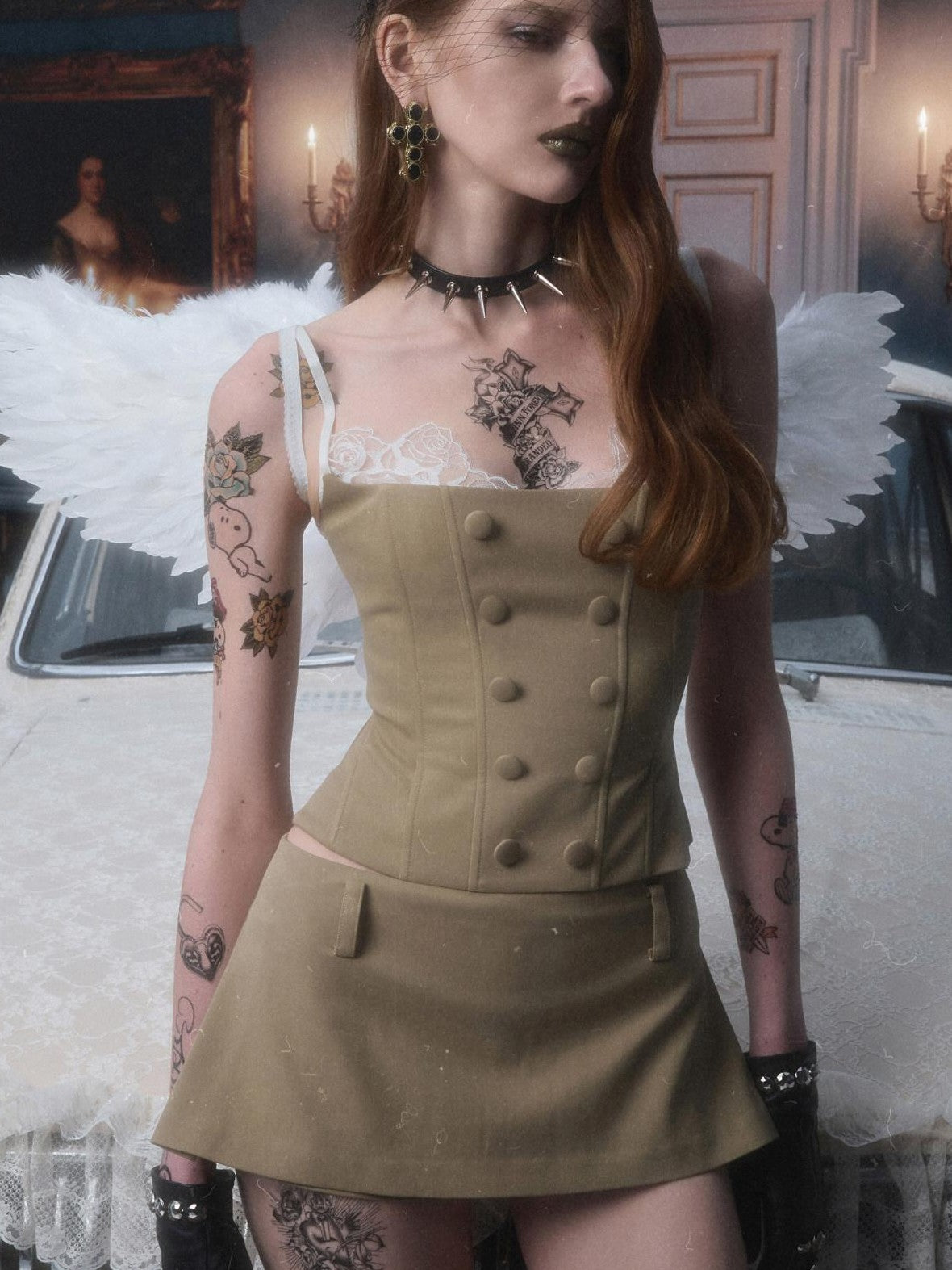 1JINN STUDIO Fishbone Corset Lace Spliced Double Row Button Women&
