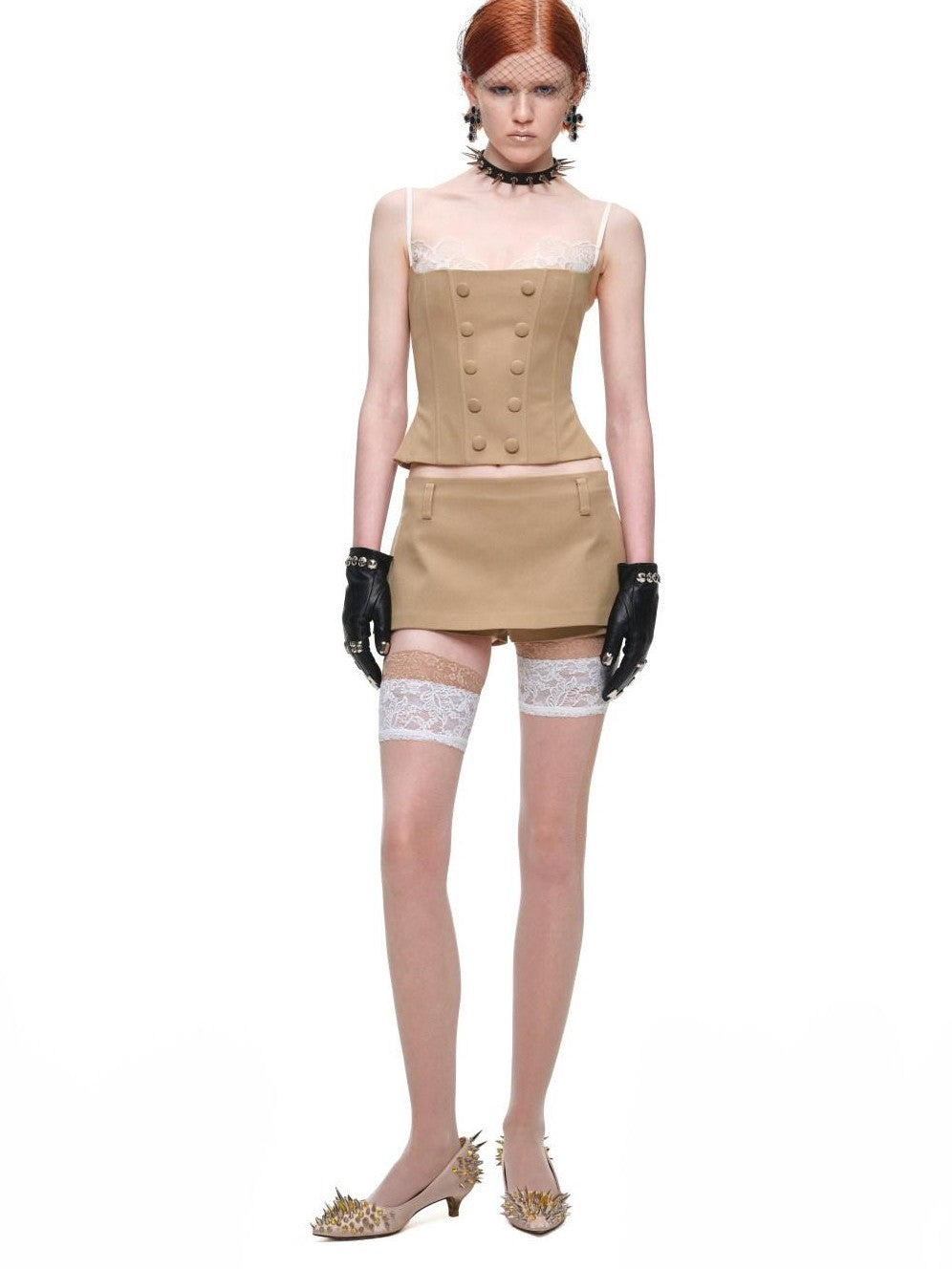 1JINN STUDIO Fishbone Corset Lace Spliced Double Row Button Women&