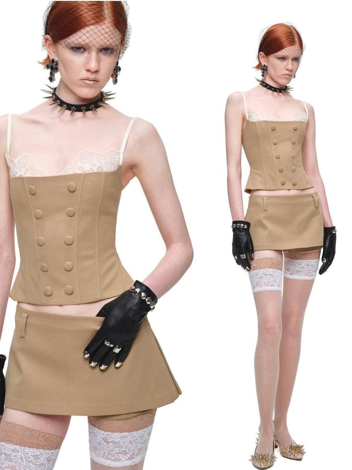 1JINN STUDIO Fishbone Corset Lace Spliced Double Row Button Women&