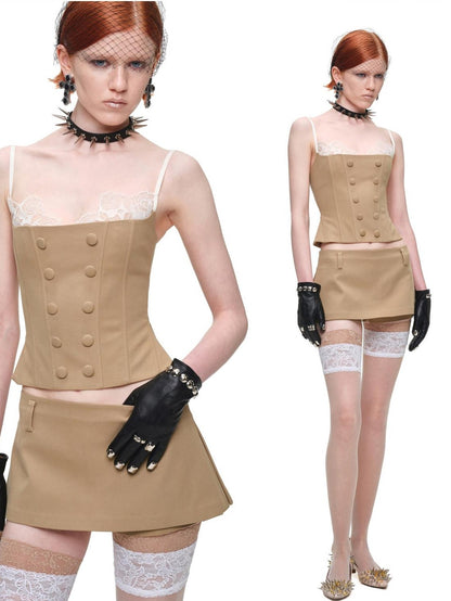 1JINN STUDIO Fishbone Corset Lace Spliced Double Row Button Women&