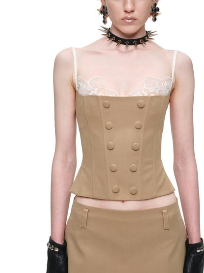 1JINN STUDIO Fishbone Corset Lace Spliced Double Row Button Women&