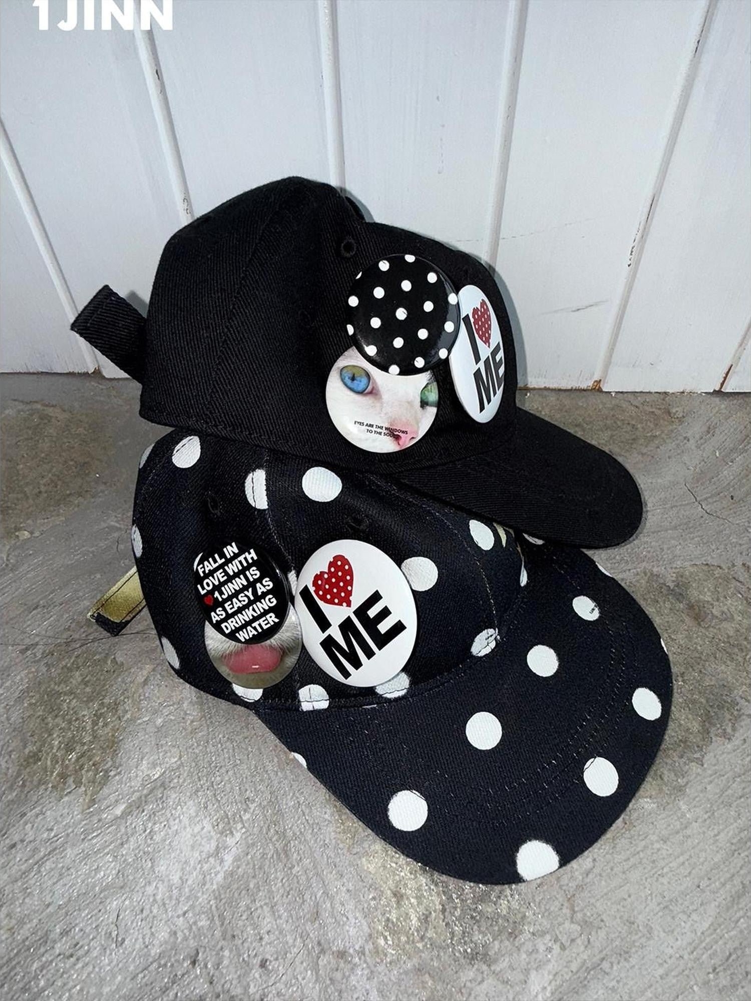 1JINN STUDIO Flat Brim Patch Black White Polka Dot Animal Print Women&