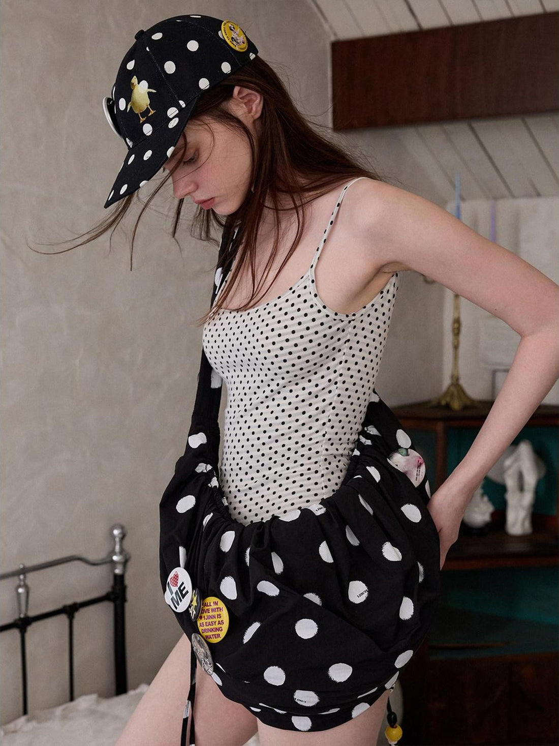 1JINN STUDIO Flat Brim Patch Black White Polka Dot Animal Print Women&