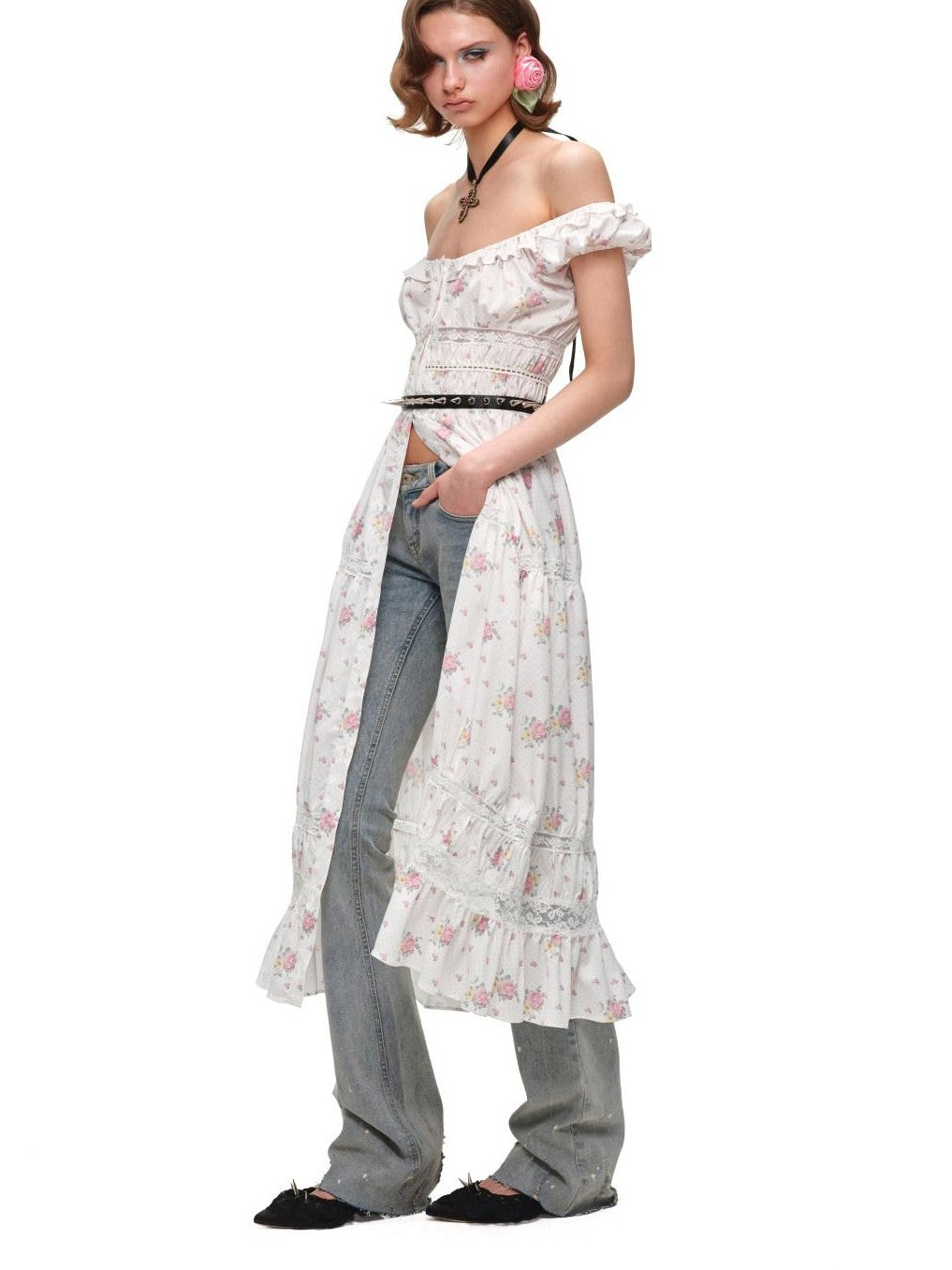 1JINN STUDIO Floral Cutout Lace U Neck Off Shoulder Women&