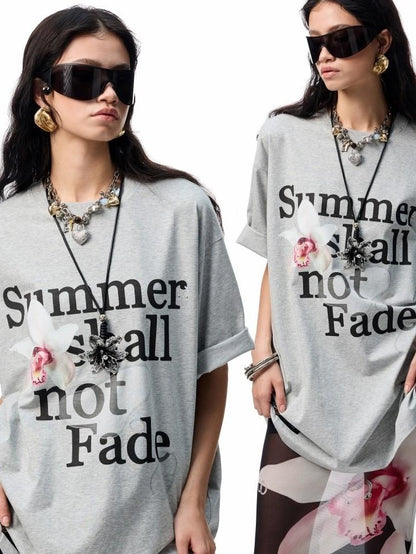 1JINN STUDIO Floral Letter Print Rhinestone Drop Shoulder Loose Women&