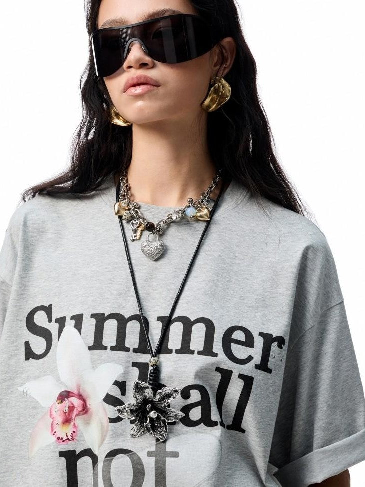 1JINN STUDIO Floral Letter Print Rhinestone Drop Shoulder Loose Women&