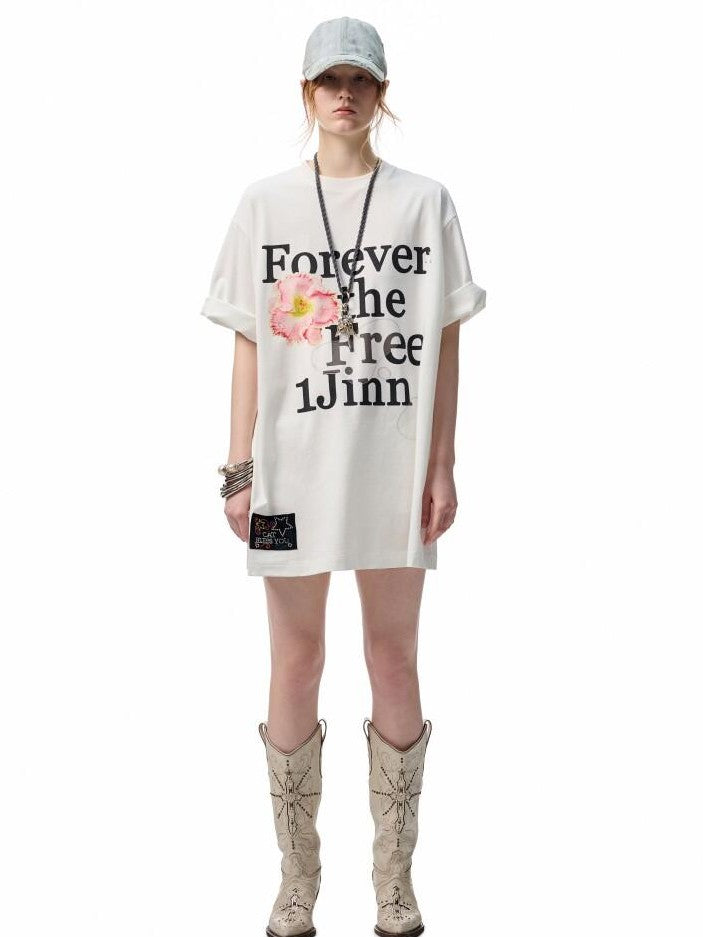 1JINN STUDIO Floral Letter Print Rhinestone Drop Shoulder Loose Women&