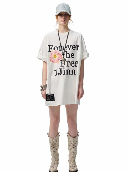 1JINN STUDIO Floral Letter Print Rhinestone Drop Shoulder Loose Women&