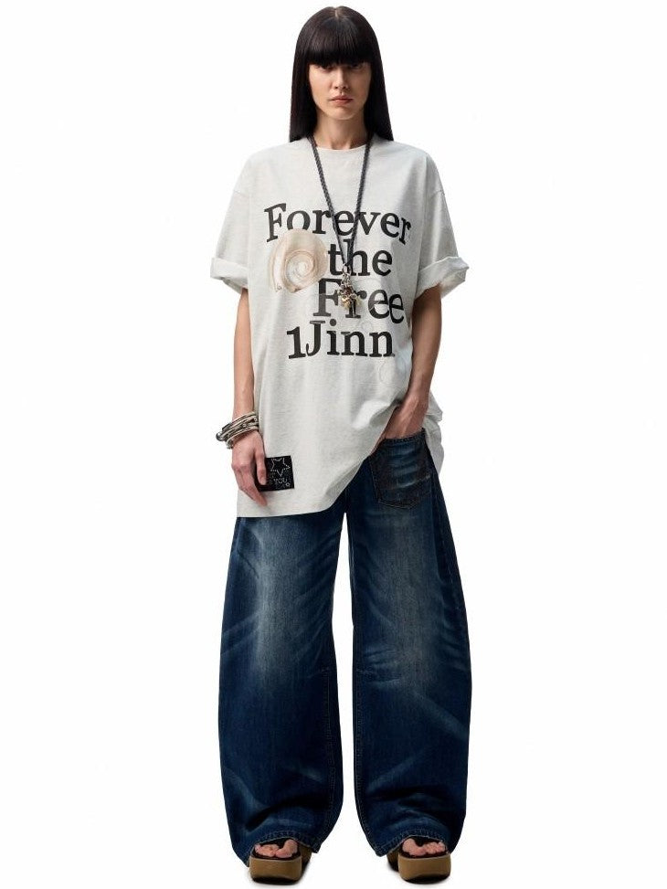 1JINN STUDIO Floral Letter Print Rhinestone Drop Shoulder Loose Women&