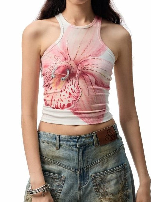 1JINN STUDIO Floral Print Hotfix Rhinestone Racerback Women&