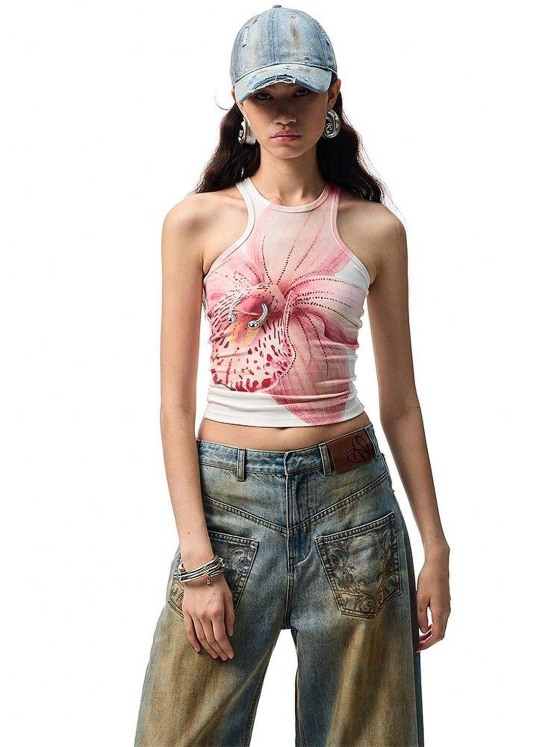 1JINN STUDIO Floral Print Hotfix Rhinestone Racerback Women&