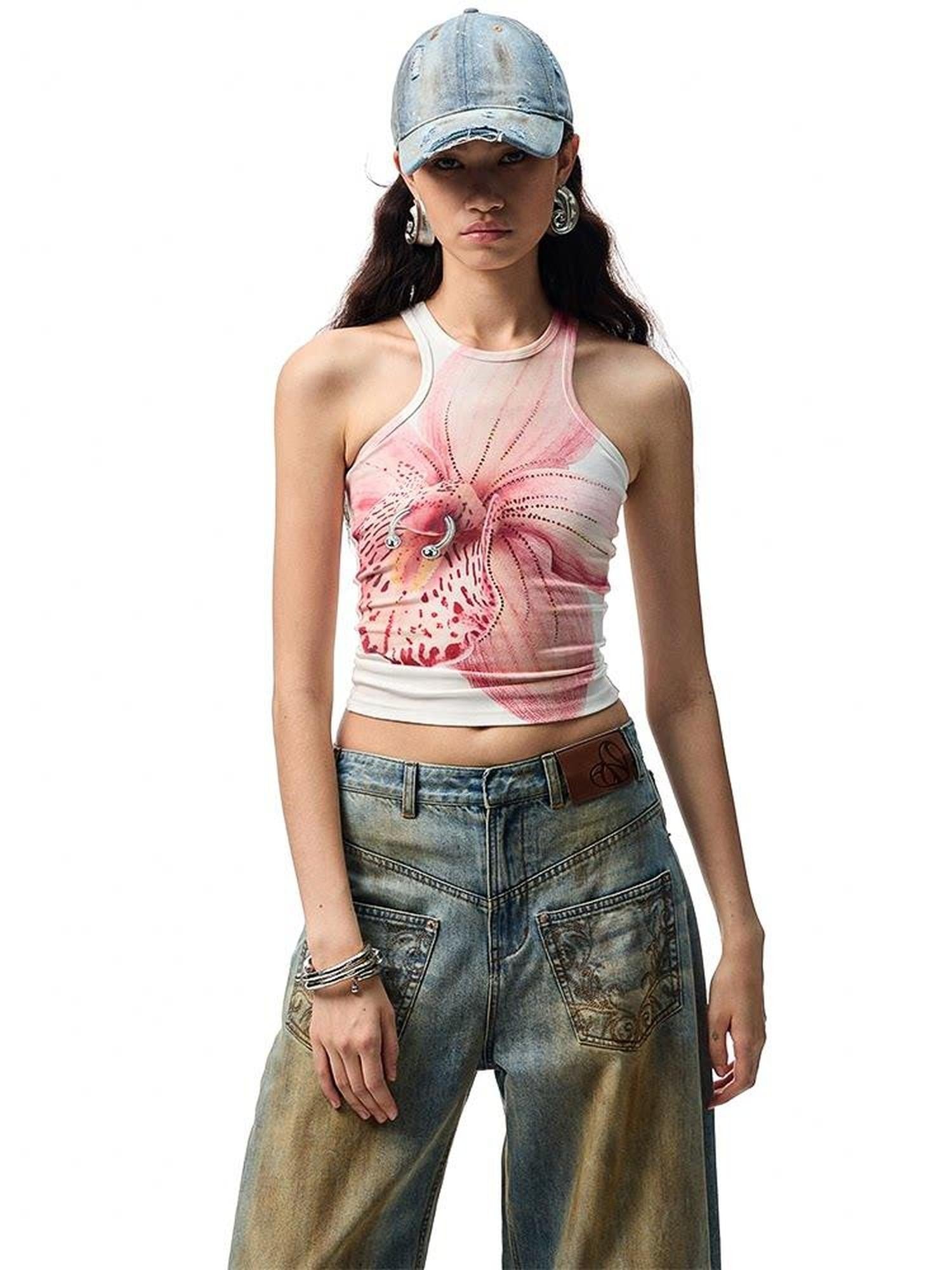 1JINN STUDIO Floral Print Hotfix Rhinestone Racerback Women&