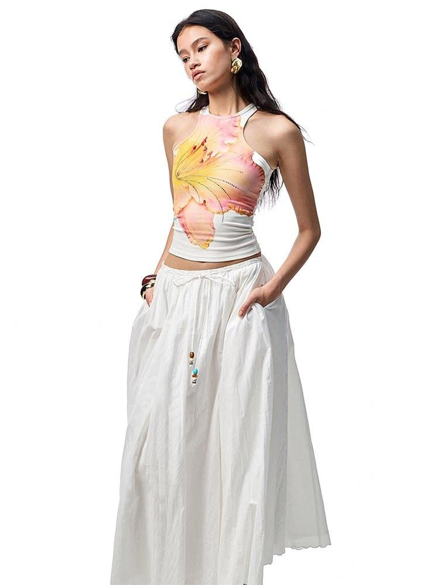 1JINN STUDIO Floral Print Hotfix Rhinestone Racerback Women&