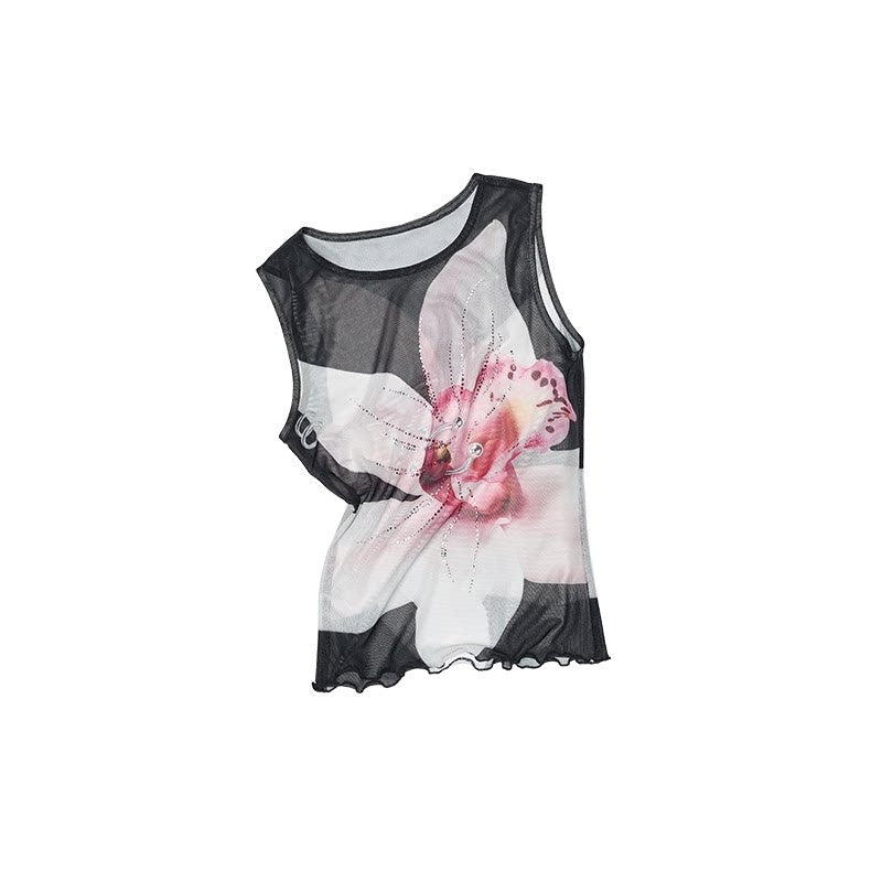 1JINN_STUDIO_Floral_Print_Rhinestone_Mesh_Vest_Bodycon_Skirt_Women&