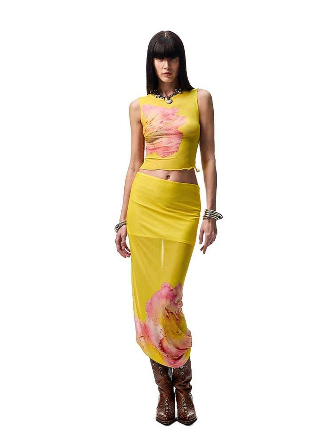 1JINN STUDIO Floral Print Rhinestone Mesh Vest Bodycon Skirt Women&