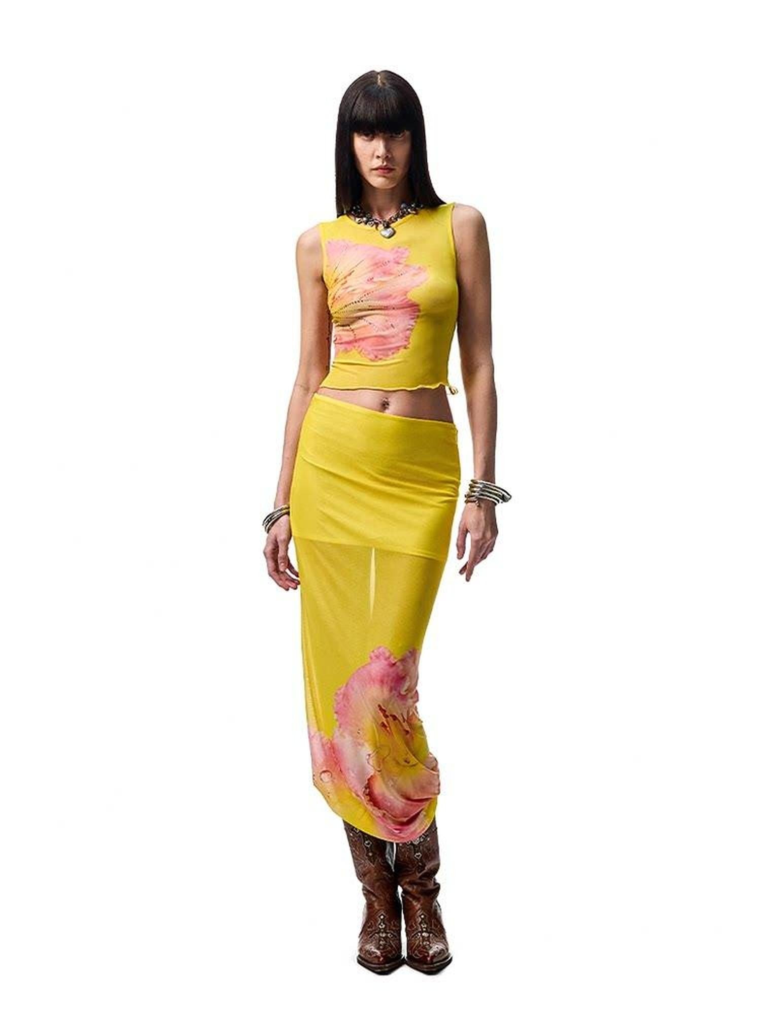 1JINN STUDIO Floral Print Rhinestone Mesh Vest Bodycon Skirt Women&