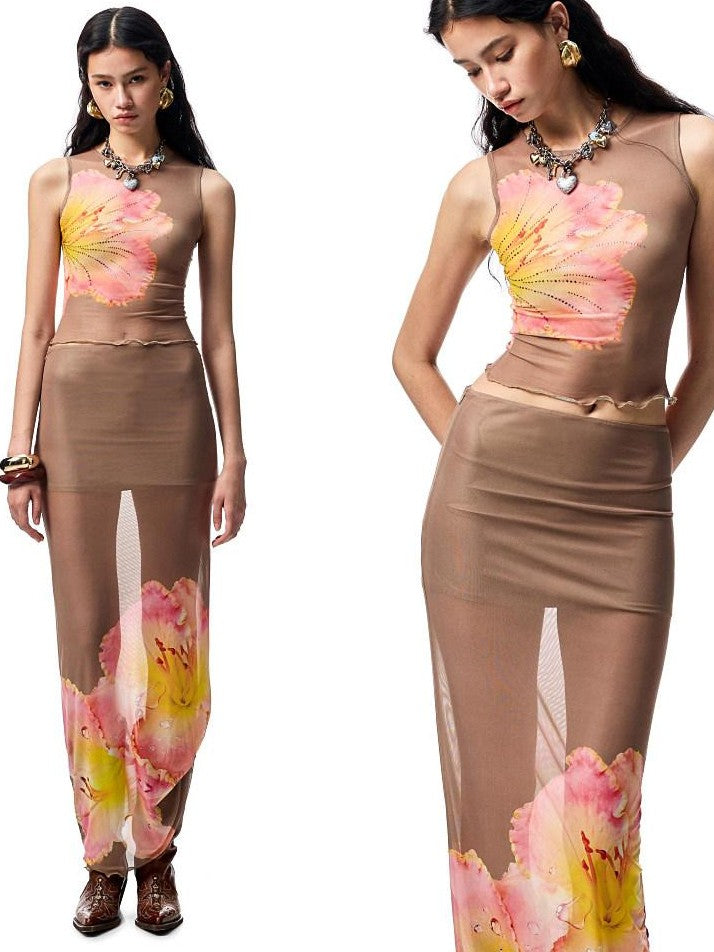 1JINN STUDIO Floral Print Rhinestone Mesh Vest Bodycon Skirt Women&