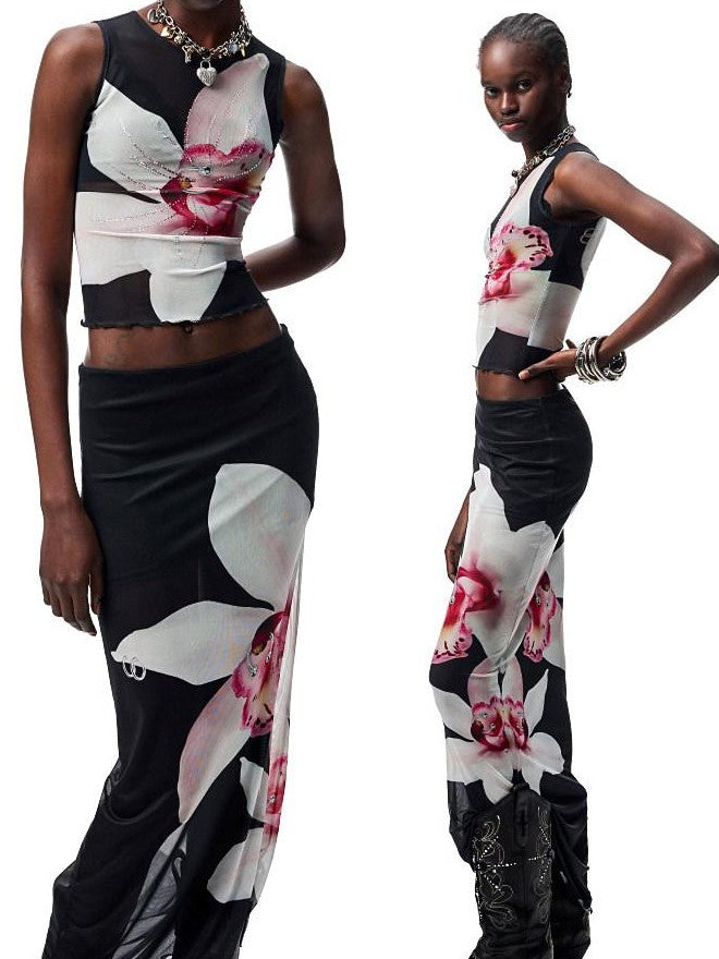 1JINN STUDIO Floral Print Rhinestone Mesh Vest Bodycon Skirt Women&