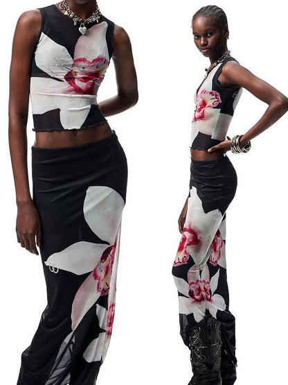 1JINN STUDIO Floral Print Rhinestone Mesh Vest Bodycon Skirt Women&