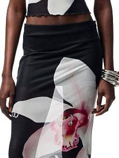 1JINN STUDIO Floral Print Rhinestone Mesh Vest Bodycon Skirt Women&