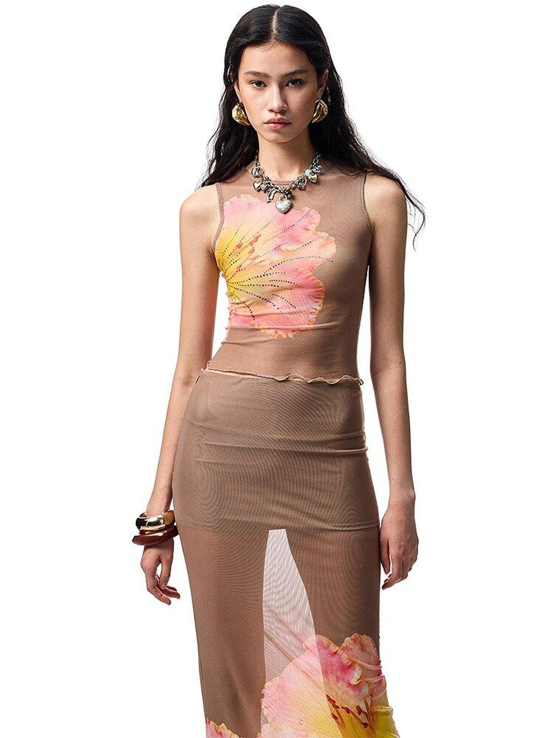 1JINN STUDIO Floral Print Rhinestone Mesh Vest Bodycon Skirt Women&