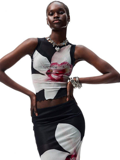 1JINN STUDIO Floral Print Rhinestone Mesh Vest Bodycon Skirt Women&