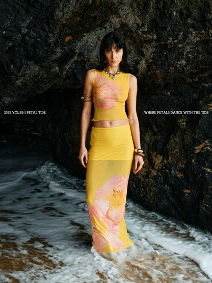 1JINN STUDIO Floral Print Rhinestone Mesh Vest Bodycon Skirt Women&