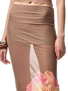 1JINN STUDIO Floral Print Rhinestone Mesh Vest Bodycon Skirt Women&
