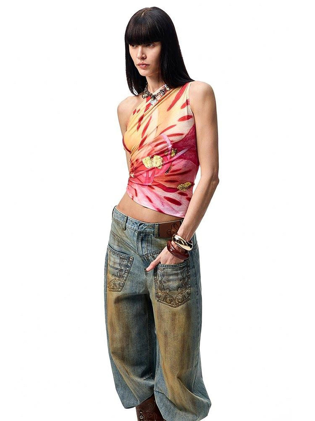 1JINN STUDIO Floral Print Ruched Asymmetric Shoulder Women&