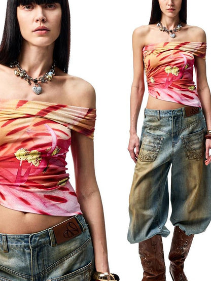 1JINN STUDIO Floral Print Ruched Asymmetric Shoulder Women&