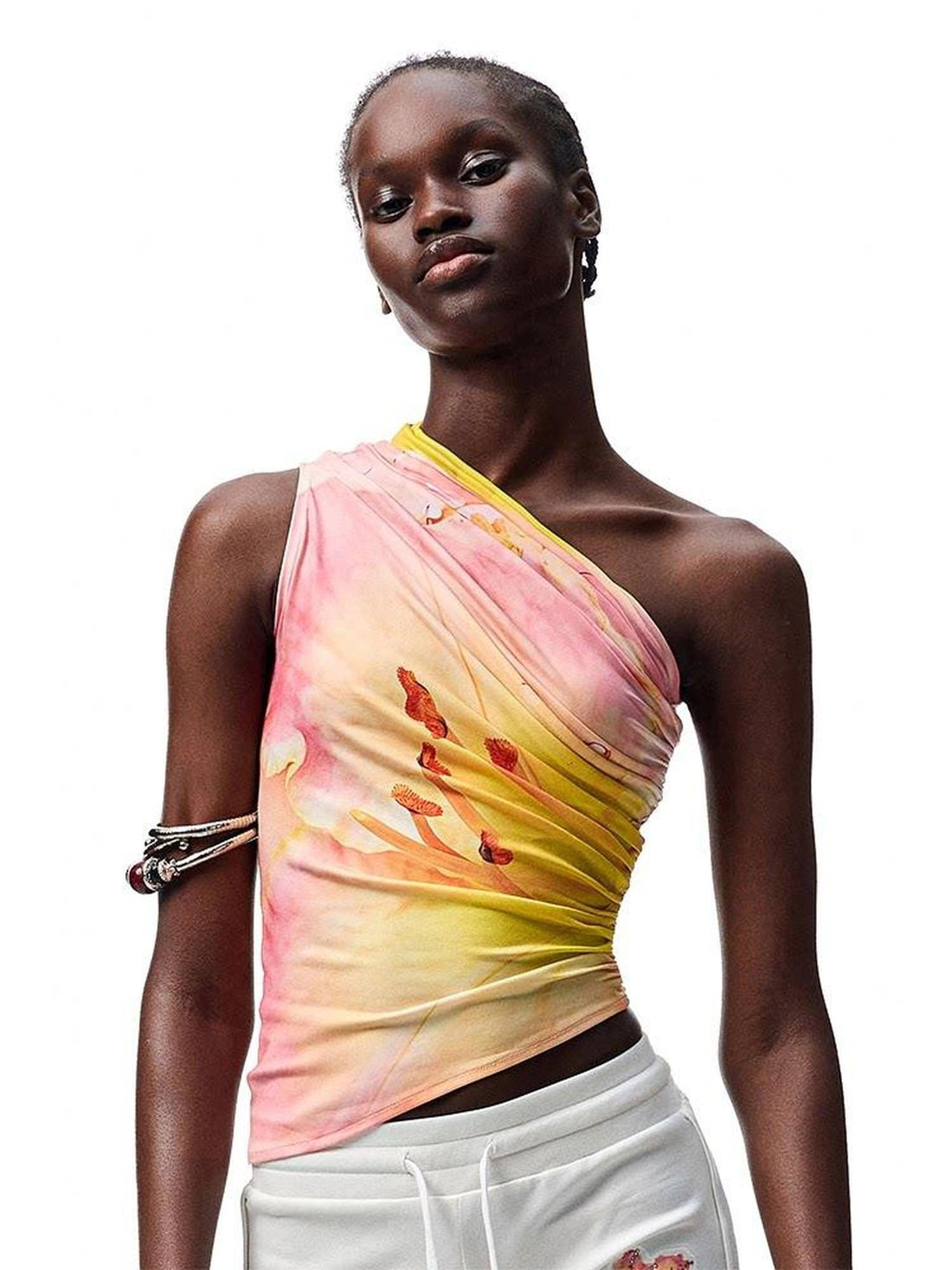 1JINN STUDIO Floral Print Ruched Asymmetric Shoulder Women&