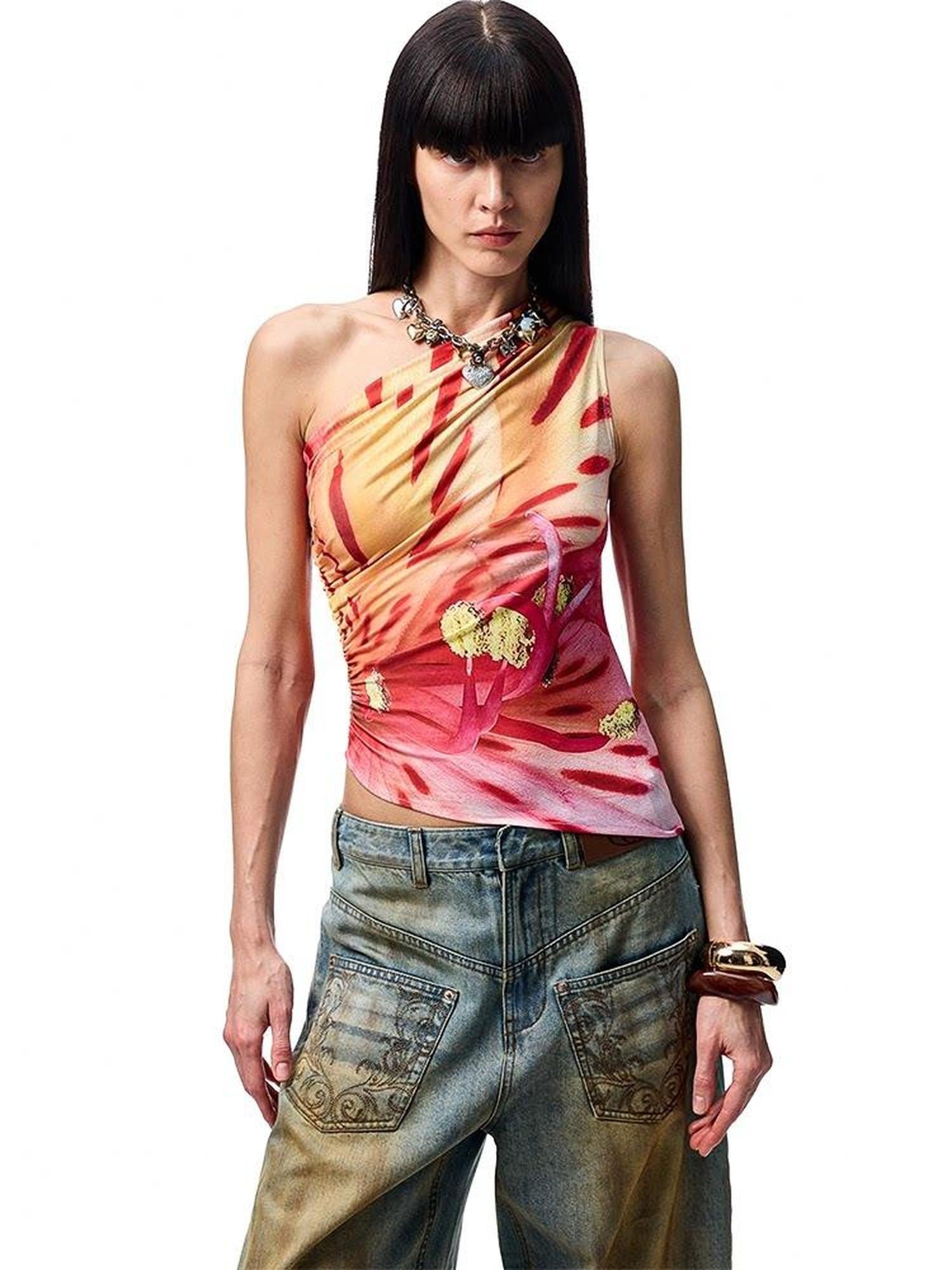 1JINN STUDIO Floral Print Ruched Asymmetric Shoulder Women&