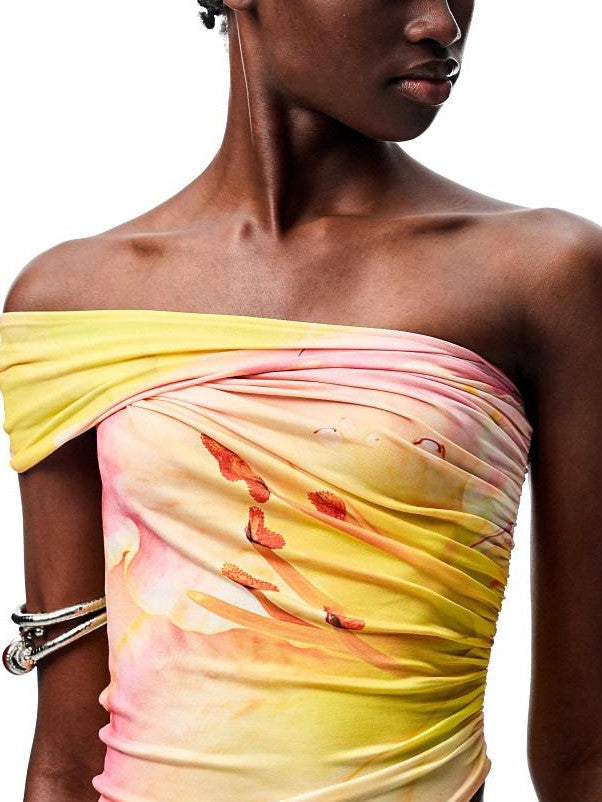 1JINN STUDIO Floral Print Ruched Asymmetric Shoulder Women&