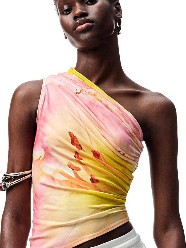 1JINN STUDIO Floral Print Ruched Asymmetric Shoulder Women&