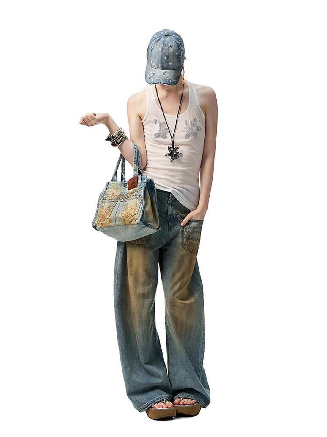1JINN STUDIO Floral Rhinestone Sheer Asymmetrical Racerback Women&
