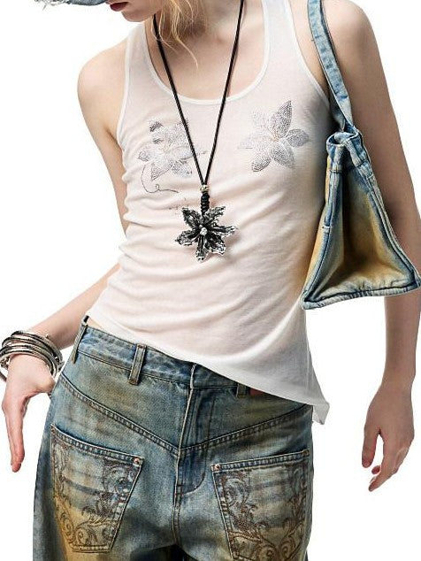 1JINN STUDIO Floral Rhinestone Sheer Asymmetrical Racerback Women&