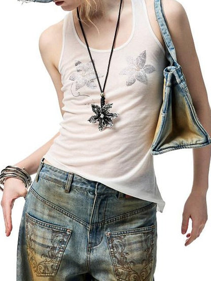 1JINN STUDIO Floral Rhinestone Sheer Asymmetrical Racerback Women&