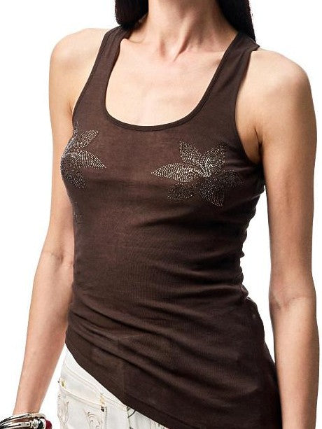 1JINN STUDIO Floral Rhinestone Sheer Asymmetrical Racerback Women&