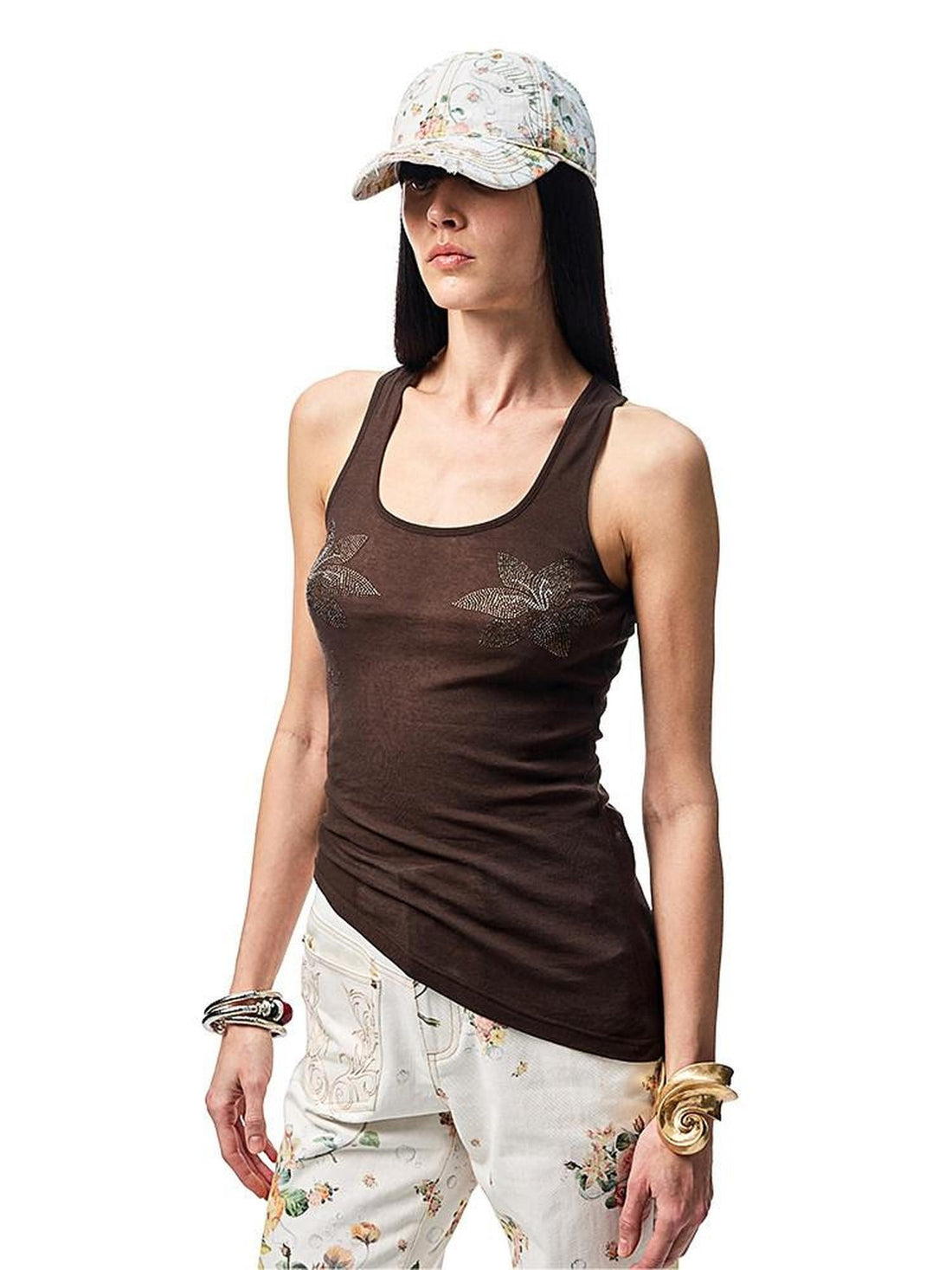 1JINN STUDIO Floral Rhinestone Sheer Asymmetrical Racerback Women&