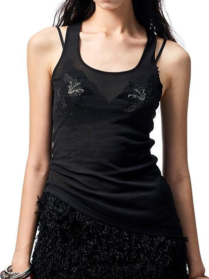 1JINN STUDIO Floral Rhinestone Sheer Asymmetrical Racerback Women&