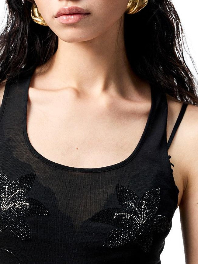 1JINN STUDIO Floral Rhinestone Sheer Asymmetrical Racerback Women&