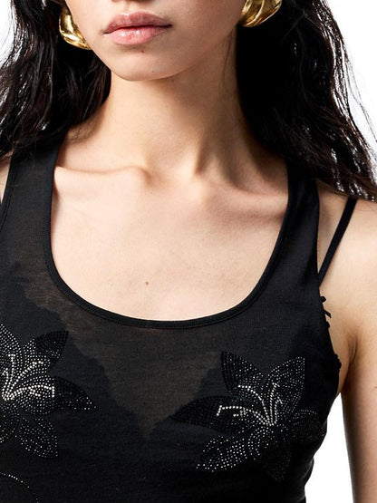1JINN STUDIO Floral Rhinestone Sheer Asymmetrical Racerback Women&