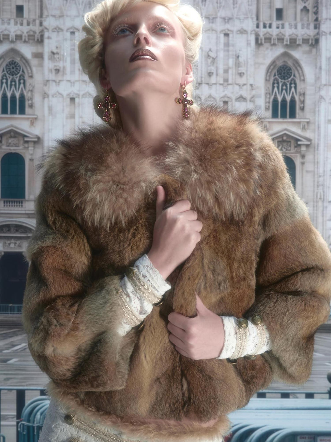 1JINN STUDIO Fluffy Faux Fur Lapel Collar Short Loose Fit Long Sleeve Women&