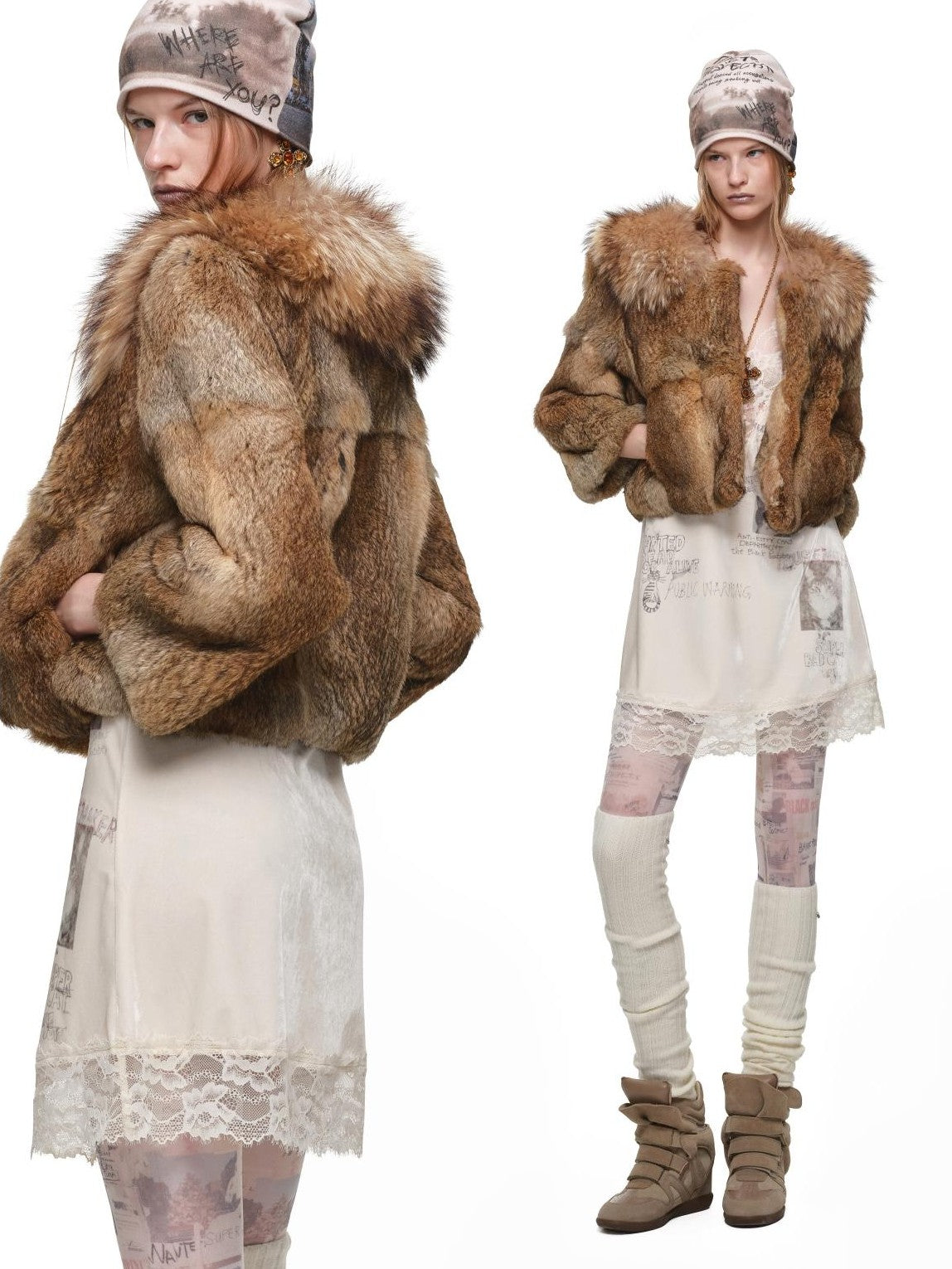1JINN STUDIO Fluffy Faux Fur Lapel Collar Short Loose Fit Long Sleeve Women&